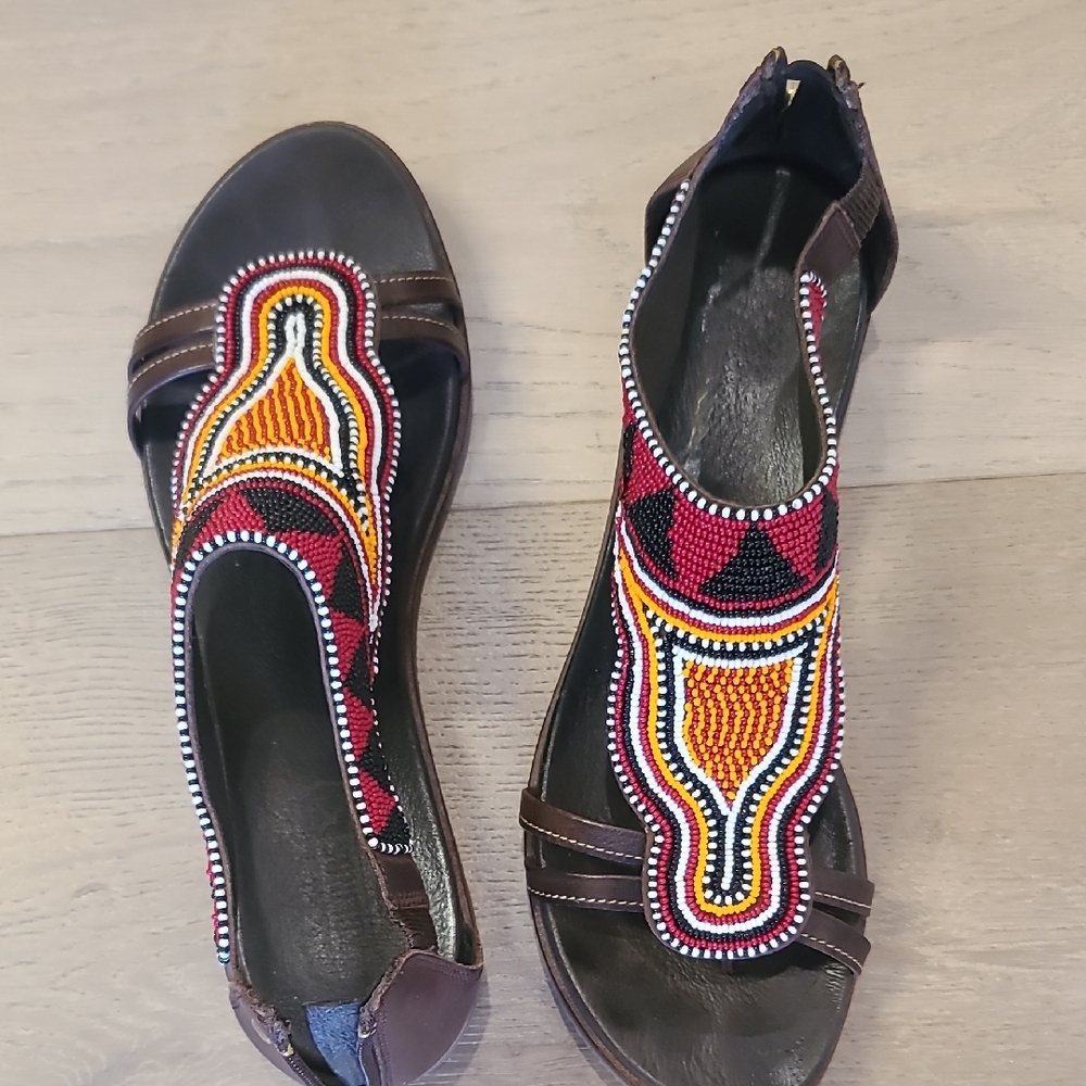 PIKOLINOS Multicolor Beaded Brown Leather Sandals